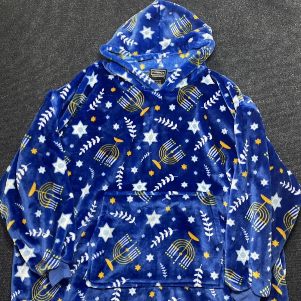Throwzy Hoodie Junior OS Blue Fleece Sleepwear Hanukkah Menorah Star Lounge
